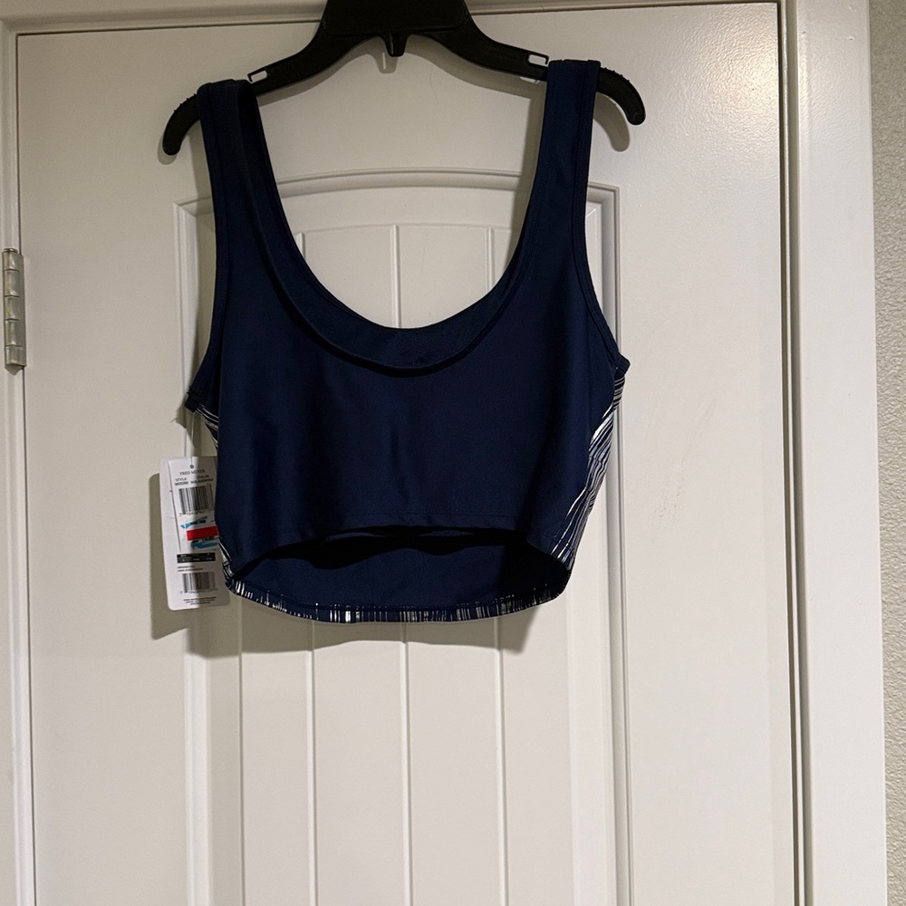 Marika Navy Lined Cropped Tank Workout Top with Silver Foil Stripe Detail - Picture 3 of 6